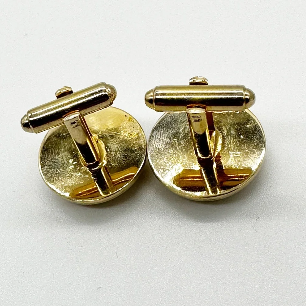 Vintage Brushed Gold Tone & Onyx Round Cufflinks